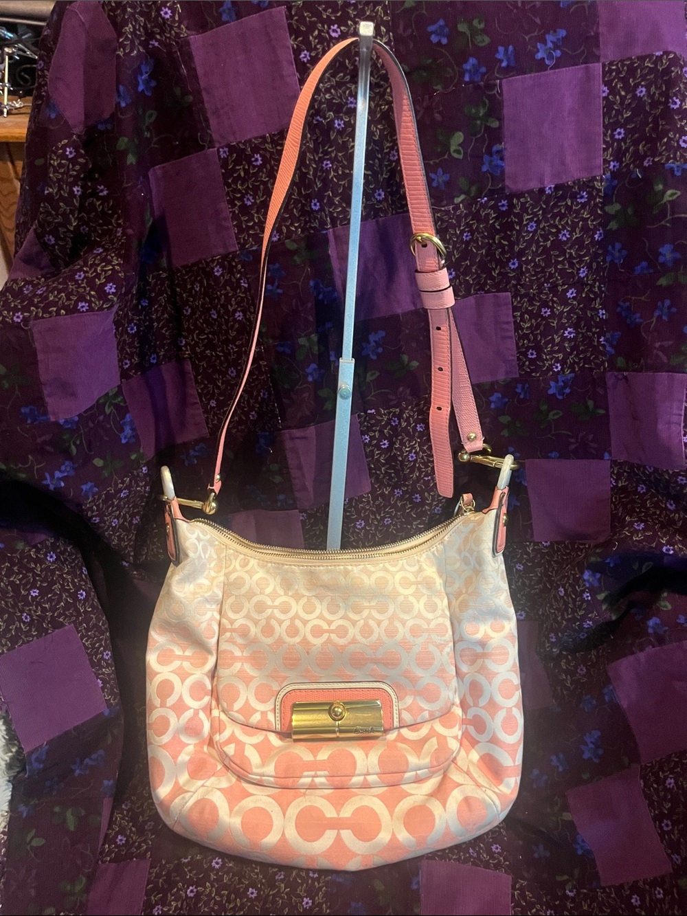 Vintage Coach Pink and White Signature Shoulder Bag with Gold Hardware